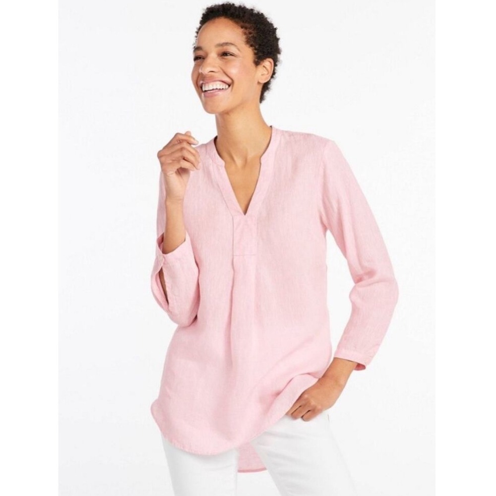 LL Bean Womens 100% Linen Tunic Blouse XS Pink Split Neck Pastel Flax Coastal